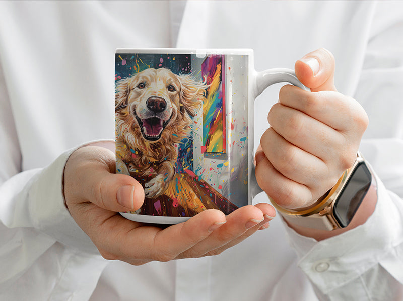 Colorful mug with a golden retriever running joyfully, perfect for pet lovers.
