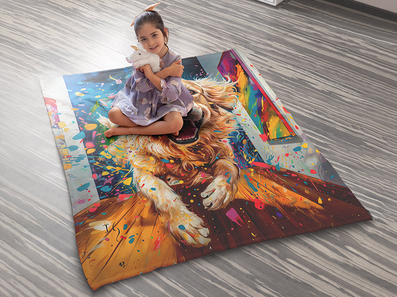 Cheerful and soft minky blanket, a young girl smiles behind a French Bulldog art print, perfect for a lively touch in children's rooms.