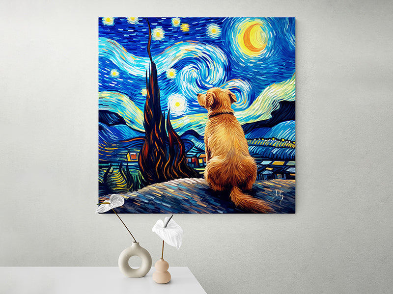 Starry Night-inspired canvas 'A Story of Stars and Night Winds' featuring a contemplative golden dog admiring the swirling celestial sky.