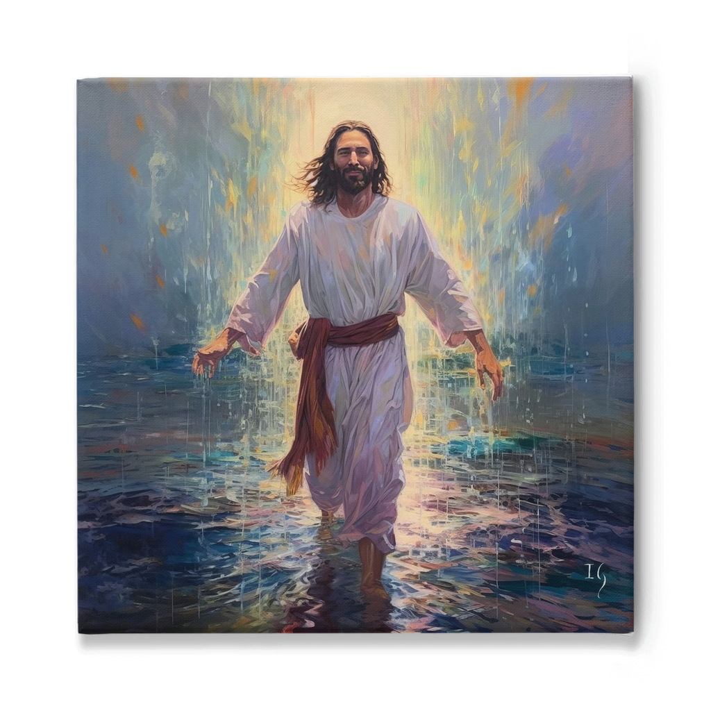 Jesus, a Serene Revelation – Captivating artwork portraying a figure in white robes and a red sash, standing amidst water with a serene expression, as light cascades in gentle hues around him.