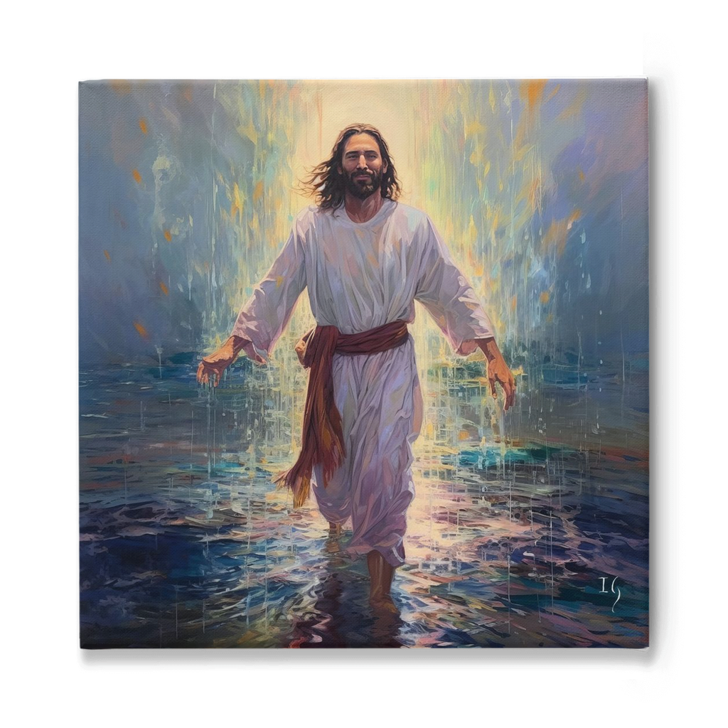 Divine Serenity: Jesus Walking on Water, Smiling with Open Arms
