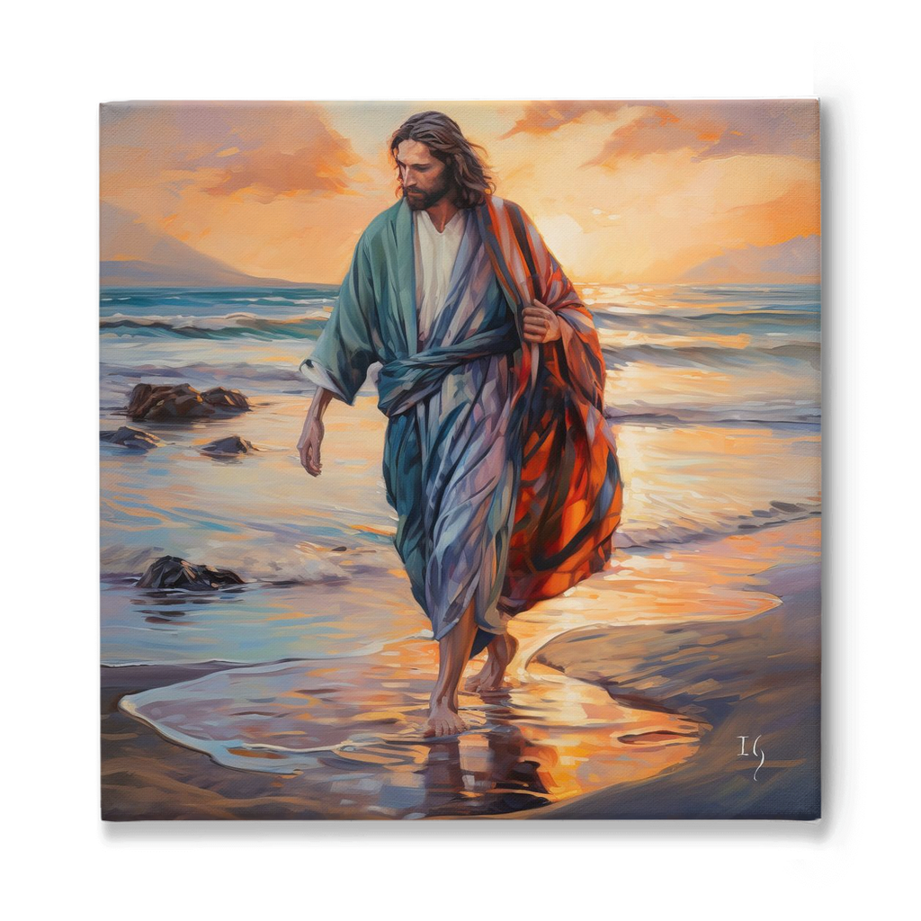 Divine Sunset Stroll: Jesus Walking on the Beach