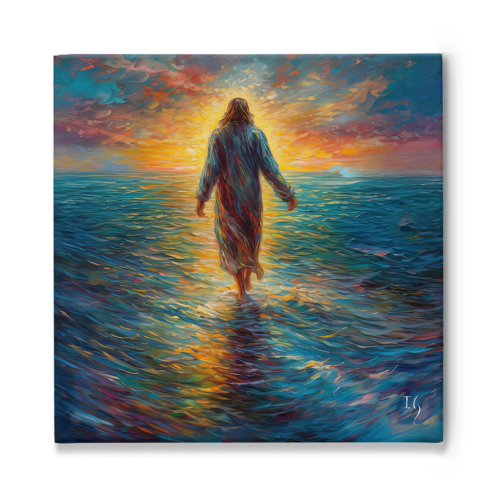 Serene Savior Jesus - Vibrant artwork of a solitary figure walking on water, backlit by a radiant sunset, surrounded by swirling colors reflecting on the sea's surface.