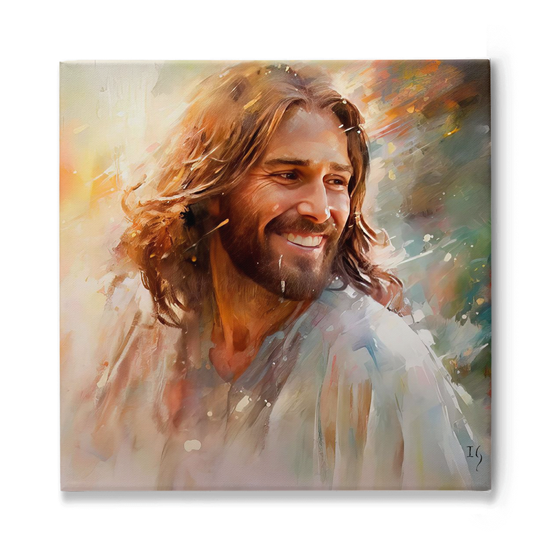 Smiling Jesus in a serene, colorful portrait