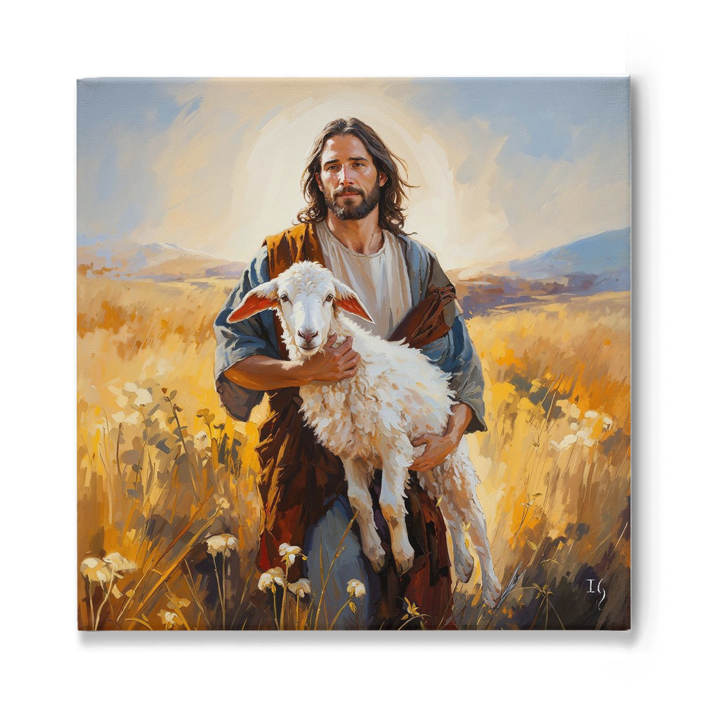 Religious painting of Jesus as the Good Shepherd holding a lamb, prominently displayed over a sofa in a home living room.
