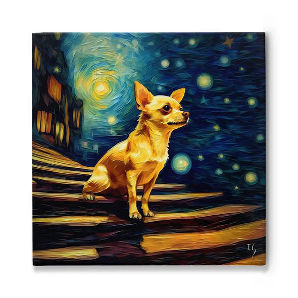 Ethereal Chihuahua stands gracefully against a backdrop inspired by Van Gogh's 'Starry Night', with swirling night skies and radiant moonlight.