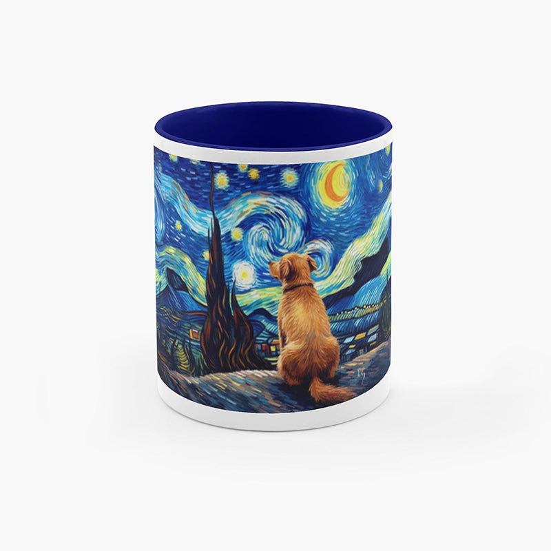 Golden retriever sitting under a starry night in an artistic Van Gogh-inspired mug design.