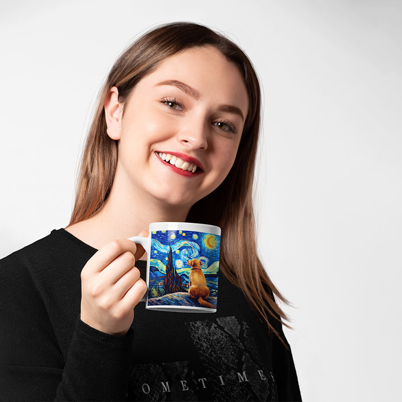 Mug featuring a golden retriever admiring a Van Gogh-style starry sky, perfect for pet and art lovers.