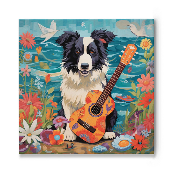 A black and white border collie gaze intently at the viewer, holding a vividly decorated orange guitar amidst a lively setting. The scene is a fusion of nature and music with radiant flowers, fluttering birds, and calm waters as a backdrop, creating a harmonious symphony of color and life.
