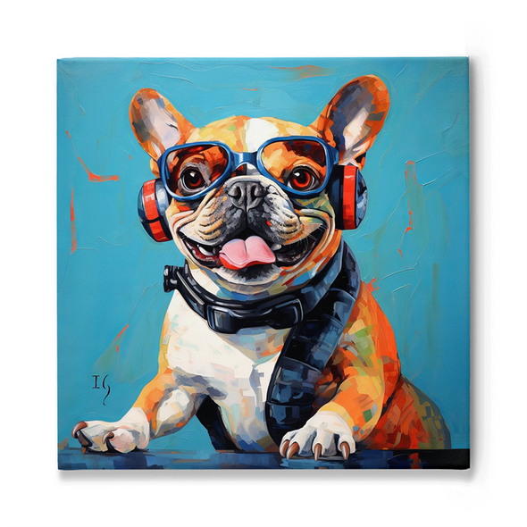 Vivacious French Bulldog dons trendy sunglasses and headphones, exuding a playful vibe against a cool turquoise backdrop.
