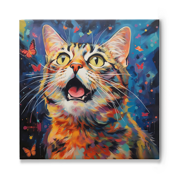 A vivid and enchanting portrait of a cat, its fur painted with an explosion of oranges, yellows, and blues. The cat gazes upward in awe, mouth slightly open, as ethereal butterflies dance around its head against a dreamy blue backdrop speckled with vibrant paint splatters.