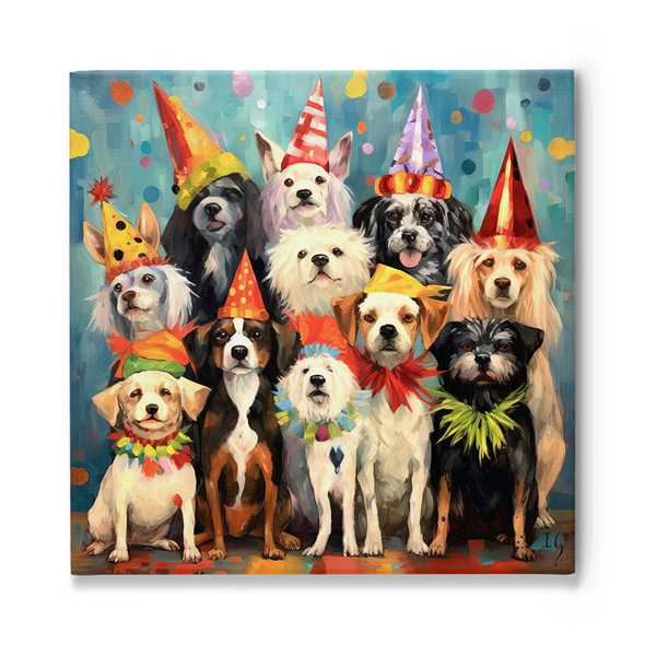 Festive group of dogs donning vibrant party hats, encapsulating joyful celebrations and togetherness.