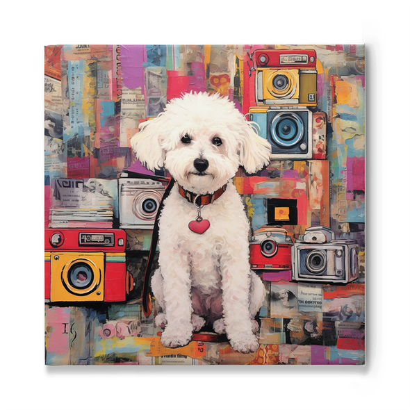 A fluffy white dog with an inquisitive expression sits prominently against a vivid collage backdrop of vintage cameras, colorful cutouts, and snippets of paper. The dog wears a collar adorned with a red heart pendant, symbolizing affection and love.