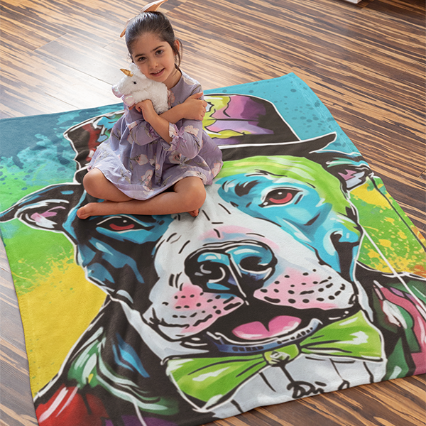 Vibrant painting featuring a pitbull in a colorful hat and tuxedo - Charming Rainbow Pitbull