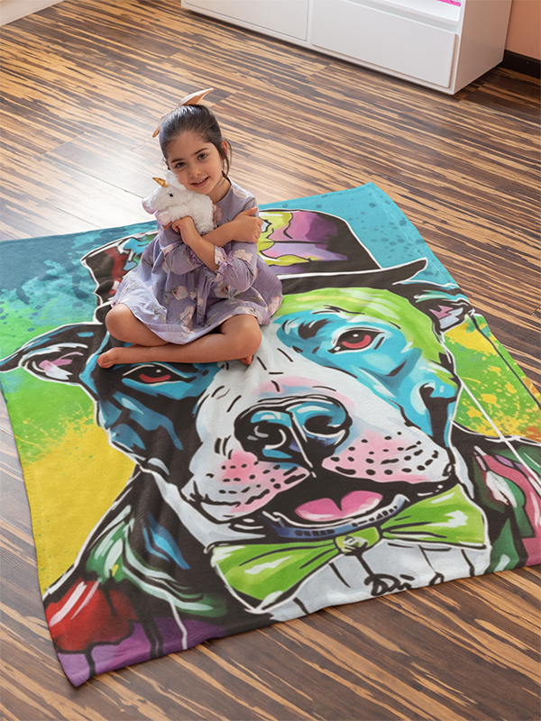 Vibrant painting featuring a pitbull in a colorful hat and tuxedo - Charming Rainbow Pitbull