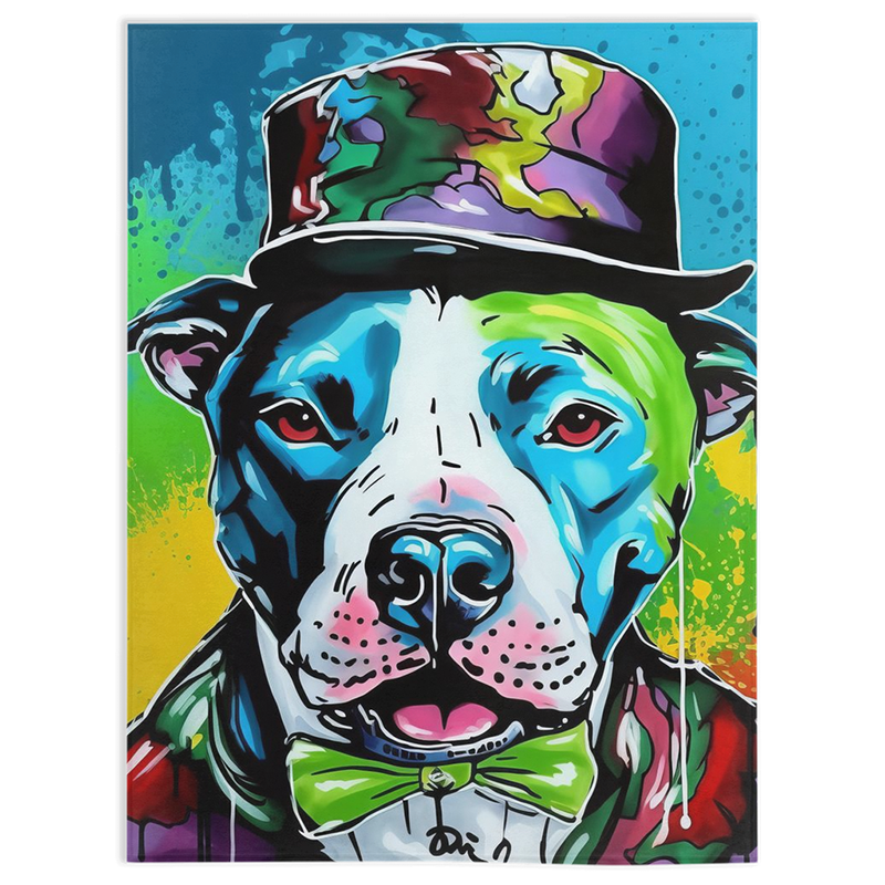 Colorful portrait of a pitbull wearing a hat and tuxedo - Charming Rainbow Pitbull