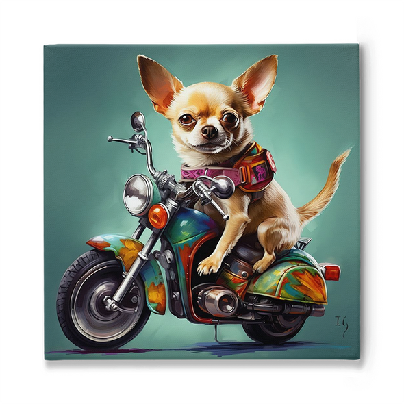 Charming Chihuahua riding a vibrant vintage motorcycle, evoking a sense of whimsical adventure.