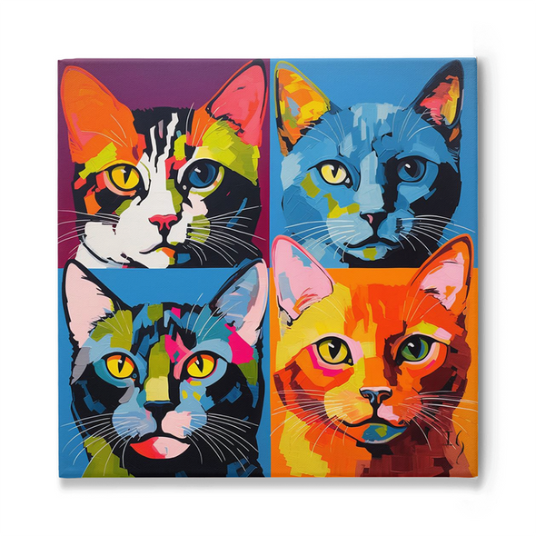A pop art-inspired grid of four feline faces, each distinguished by bold, vivid colors and abstract patterns. From top left: A multi-colored cat with striking patterns on a purple backdrop, a cool-toned cat with hues of blue and hints of yellow set against a dark blue background, a cat with intricate green, pink, and black designs on a light blue canvas, and a warm-toned cat illuminated in oranges and pinks against a radiant yellow setting.