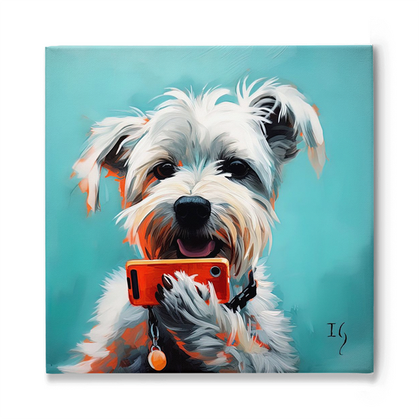 A playful painting showcases a fluffy white and gray dog with expressive eyes, holding a bright orange smartphone in its paws as if ready to take a selfie. The dog's vibrant orange accents highlight its fur and the collar tag, all set against a soft turquoise background that complements the overall color scheme.