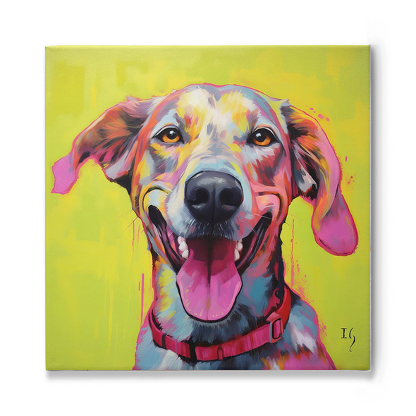 A vibrant portrait of a joyful dog, its face illuminated with bold splashes of pinks, blues, and yellows. Set against a bright yellow background, the dog's enthusiastic expression and floppy ears exude happiness, with a playful pink tongue and matching collar to complete the lively scene.