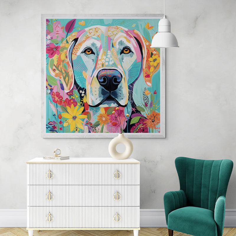 Framed whimsical dog art: Labrador retriever with vibrant floral background in modern room
