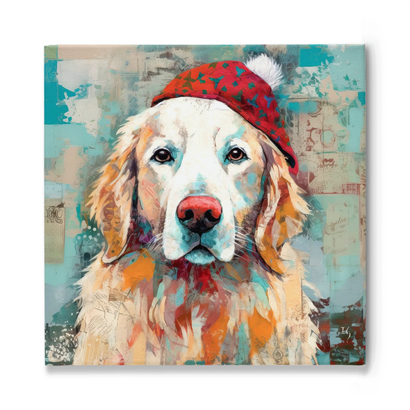 A soulful portrait of a golden retriever adorned with a festive red beanie speckled with teal patterns. The dog's deep, expressive eyes contrast with the mixed-media collage background, filled with text, splashes, and muted colors.