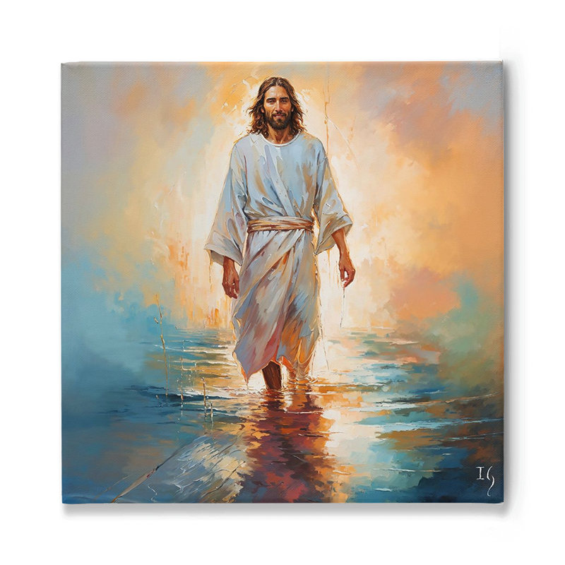 Painting of Jesus walking on water, symbolizing faith and miracles.