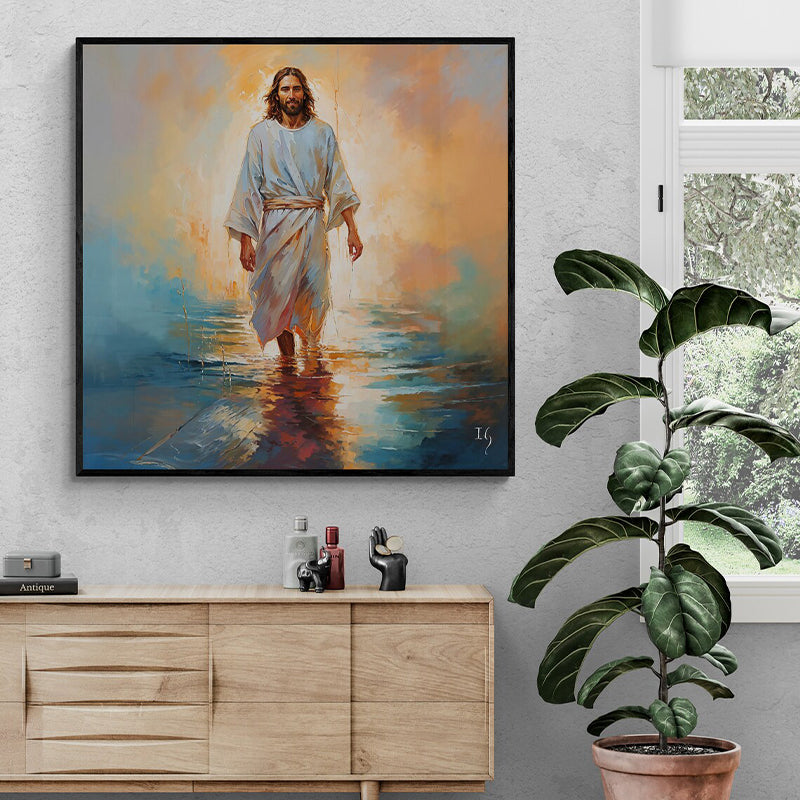 Jesus walking on water in a serene scene, beautifully displayed in a stylish interior.