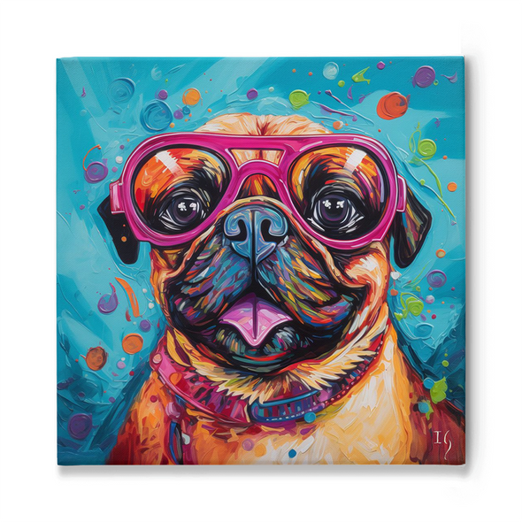 A vivacious artwork capturing a close-up of a Pug adorned with bright pink goggles. The dog's expressive eyes and multi-colored fur pop against a turquoise backdrop filled with floating, playful bubbles and swirls.