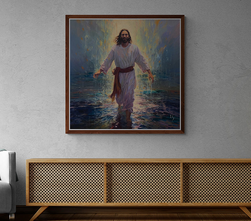 Jesus, a Serene Revelation – Striking painting of a bearded individual in flowing attire, standing on reflective waters with a backdrop of soft, watercolor-like lighting.