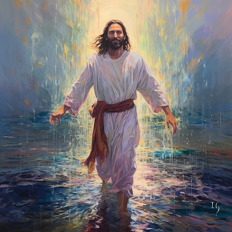 Jesus, a Serene Revelation – Artistic rendering of a tranquil figure in traditional garments, immersed in a serene aquatic landscape, with a symphony of pastel light surrounding him.
