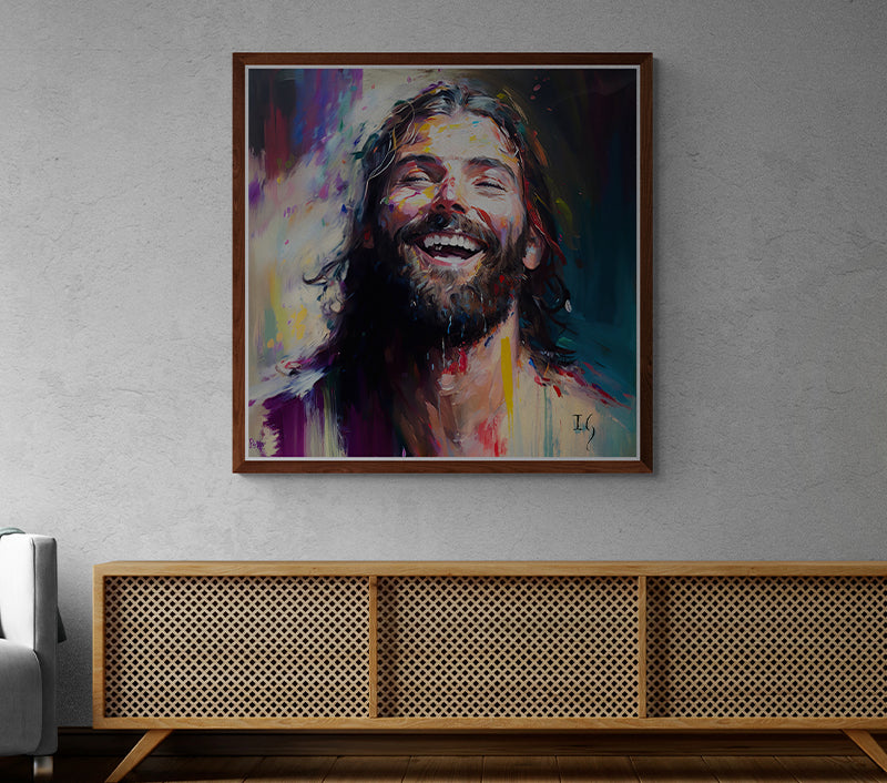 Jesus- Celestial laughter - Artistic representation of an exuberant individual laughing heartily, with a face drenched in radiant colors and luminous specks, set amidst a canvas bursting with dynamic brush strokes.