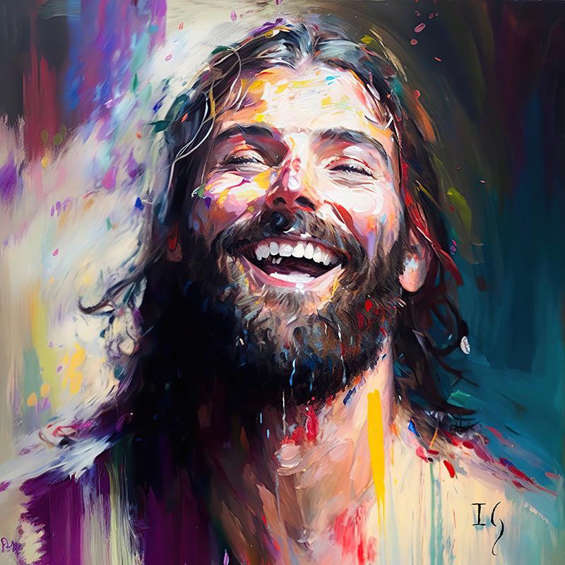Jesus- Celestial laughter - captivating artwork of a figure radiating happiness, face aglow with vibrant hues and sparkling accents, enveloped in a tempest of swirling pigments and playful splatters.