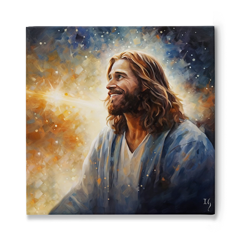 Jesus smiling with a radiant glow, surrounded by divine light and stars.