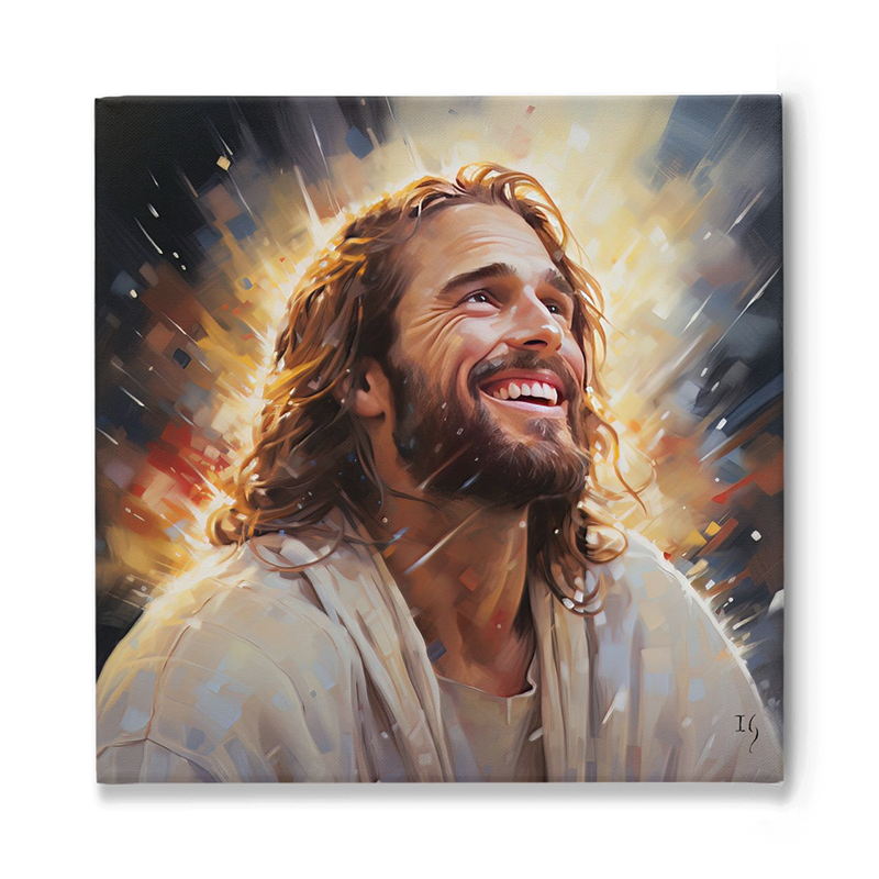 Radiant painting of Jesus looking upward with a joyful expression, framed with light bursts.