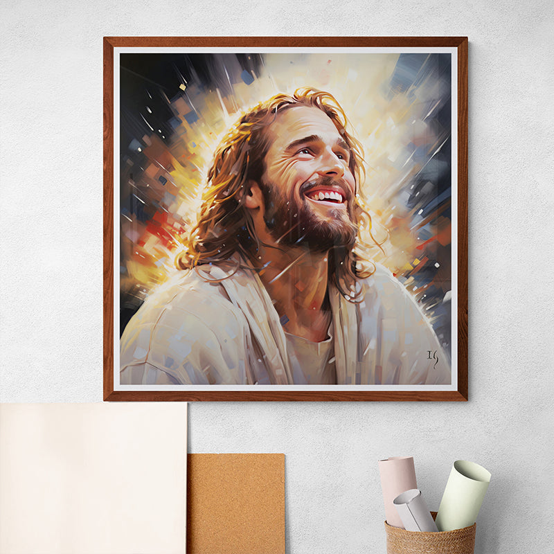 Framed painting of Jesus smiling brightly with radiant light surrounding him.