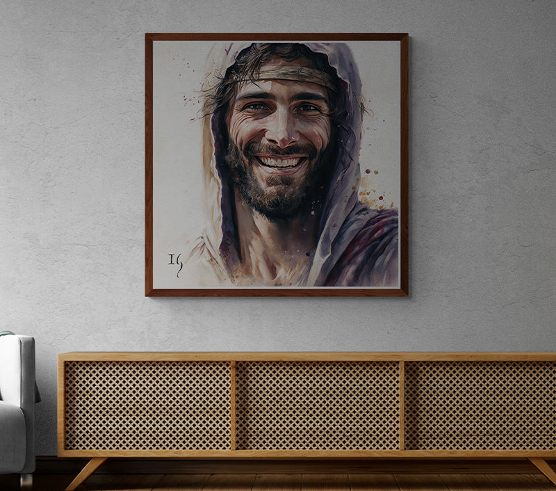 Jesus Smiling Salvation - Detailed artwork showcasing a cheerful man in traditional attire, radiating warmth with his genuine smile. A perfect piece for women looking to infuse a blend of culture and charm into their decor.