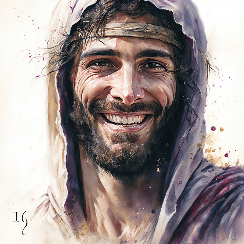 Jesus Smiling Salvation - Inspiring hand-painted portrait of a joyful man in classic attire, surrounded by delicate paint splatters. A serene and heartwarming selection for homes valuing depth and emotion in art.