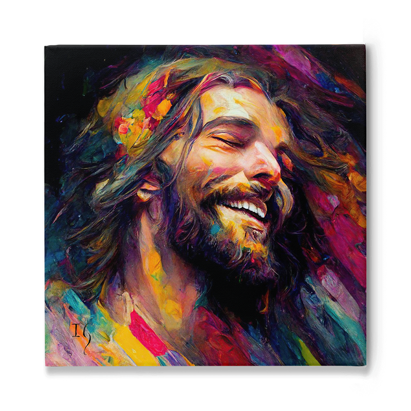 Vibrant painting of Jesus smiling, showcasing modern Christian art.