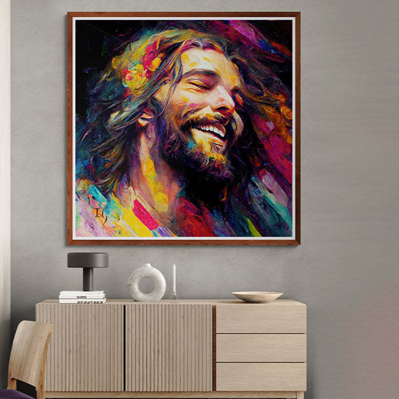 Framed vibrant painting of Jesus smiling, enhancing the modern home decor.