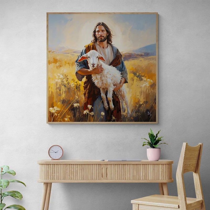 Wall art depicting Jesus in a pastoral field with a lamb in his arms, set in a modern living room, merging faith with contemporary decor.