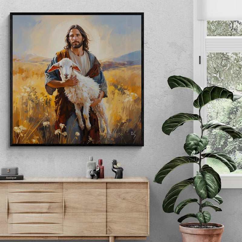 Inspirational image of Christ holding a white lamb, symbolizing the parable of the lost sheep, as central wall art in a cozy living room.