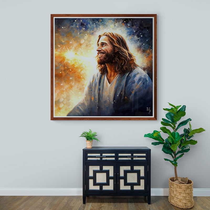 Portrait of Jesus smiling with radiant light and stars, framed and displayed in a modern room.