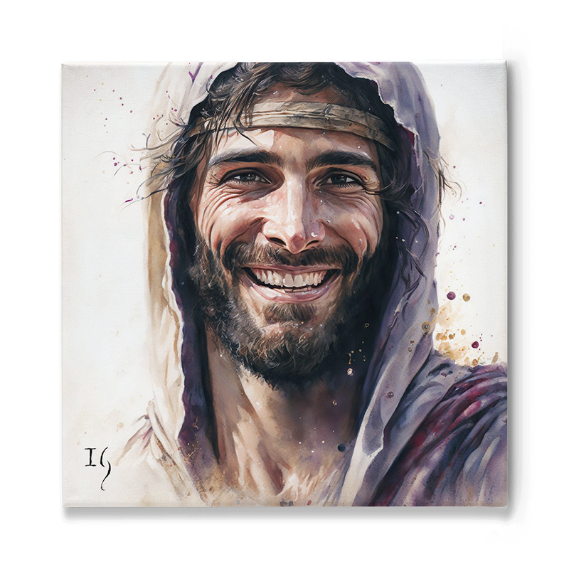 Portrait of Jesus smiling warmly, wearing a hooded cloak.