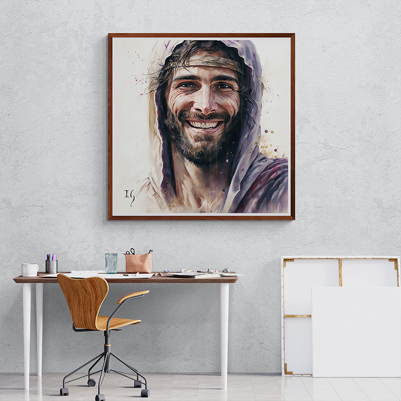 Framed painting of a smiling Jesus with a hood, hanging above a desk.