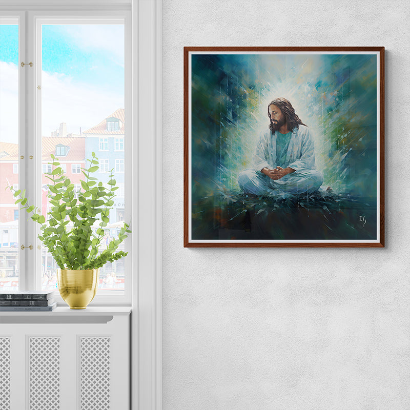 Painting of Jesus in meditation, surrounded by soft light in a serene room setting.