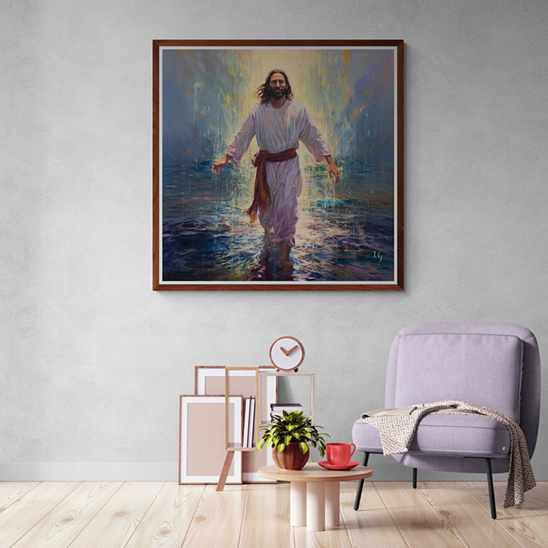 Framed painting of Jesus walking on water, surrounded by radiant light, displayed in a cozy room.