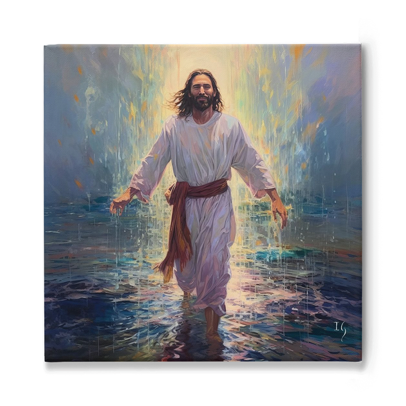 Painting of Jesus walking on water with arms open, surrounded by divine light.