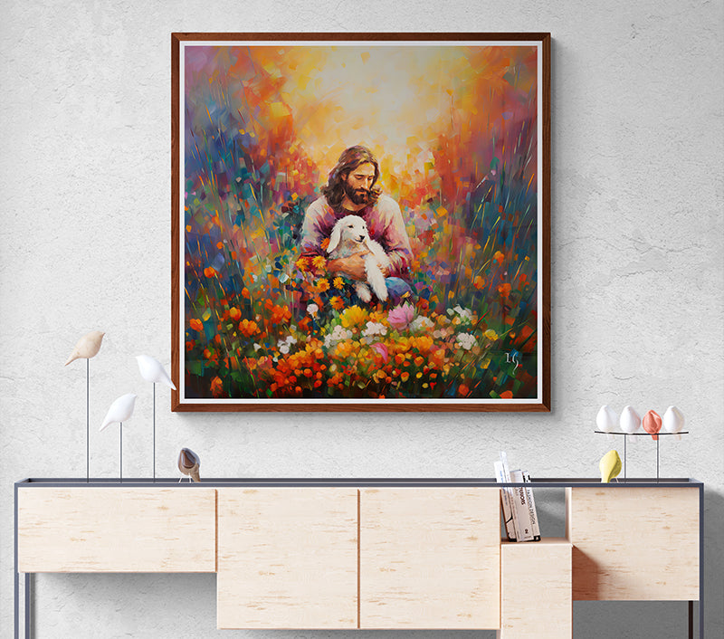 Framed painting of Jesus holding a lamb in a field of vibrant flowers, enhancing modern home decor.