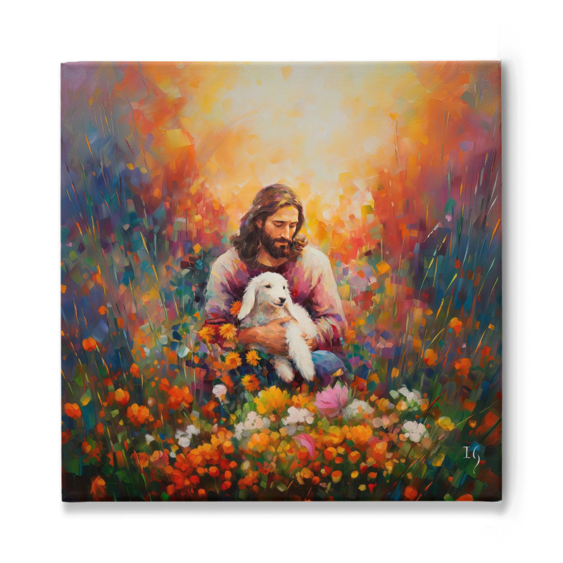 Painting of Jesus holding a lamb in a field of vibrant flowers, symbolizing peace and love.